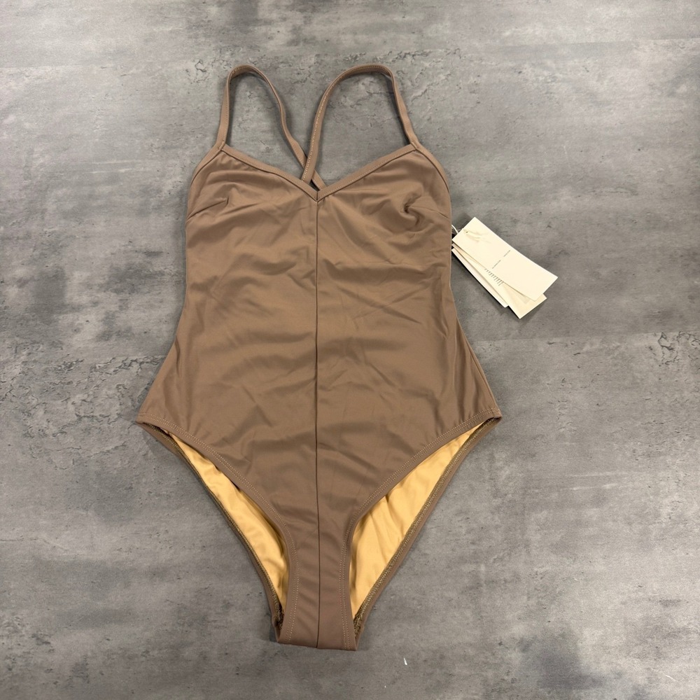 Vince x Nu Swim One Piece Seaweed Swimsuit Womens S Taupe Brown Crisscross NEW